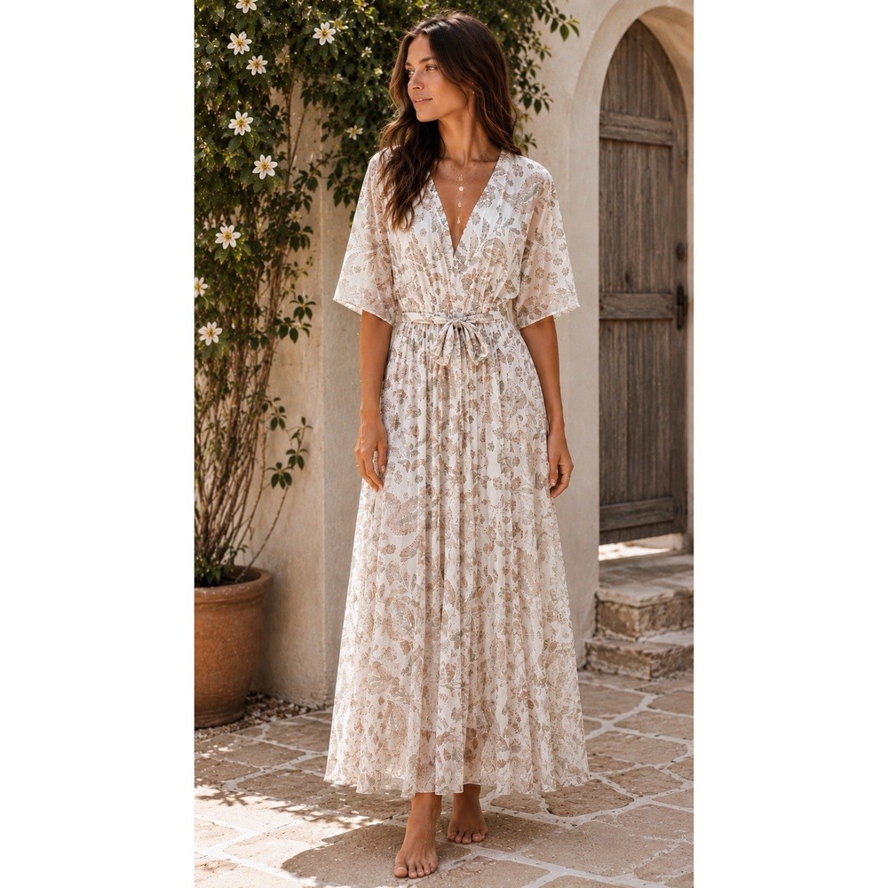 Kate & Lily Boho Maxi Dress Womens 4 Cream Paisley Kimono Sleeve Tie Waist UU10